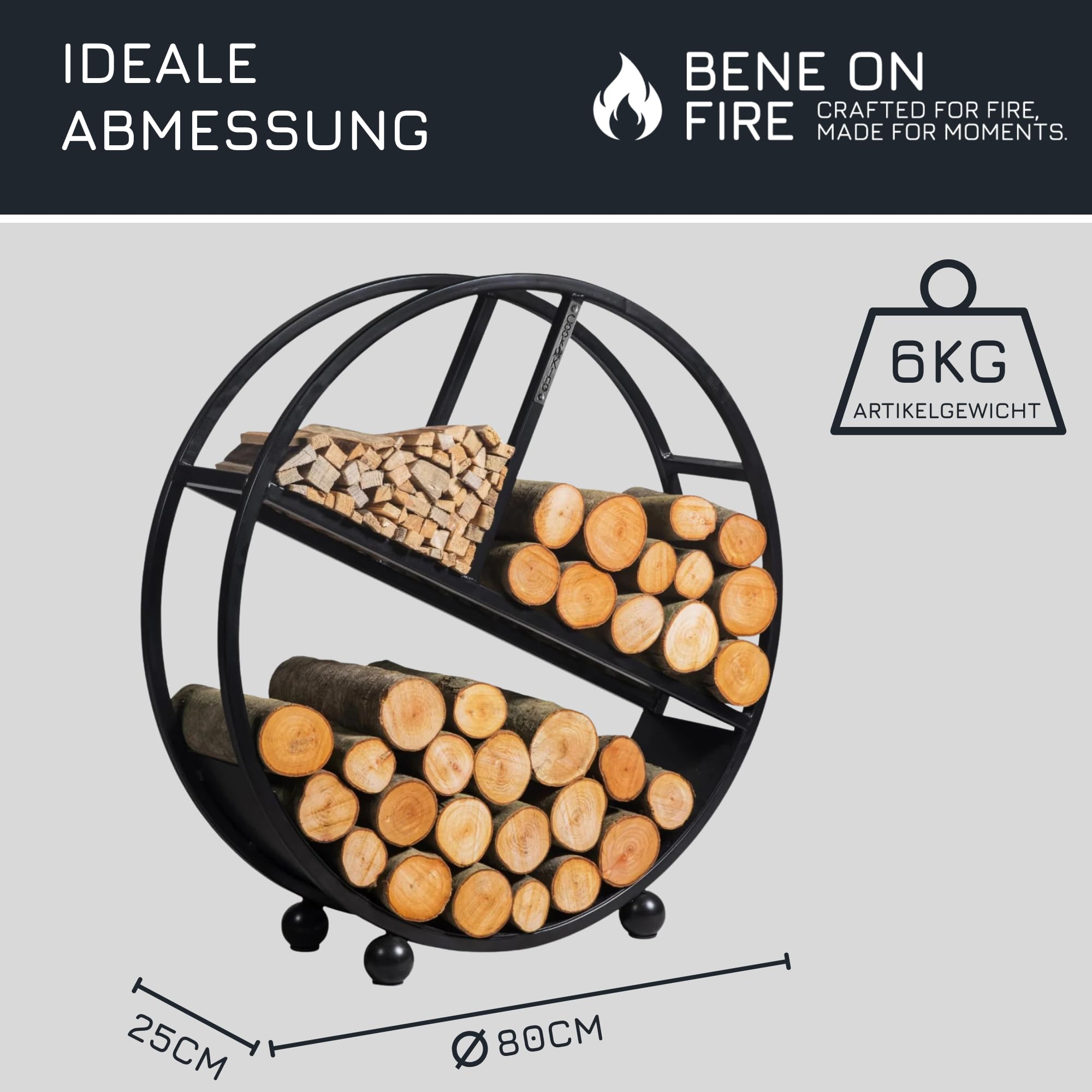 MR. DEKO BENE ON FIRE Kaminholzregal rund Kalifornien 80 cm | rundes Brennholzregal Metall schwarz | Holzlager dekorativ für Kamin Wohnzimmer | Feuerholzregal Garten Terrassen | Kaminholzunterstand