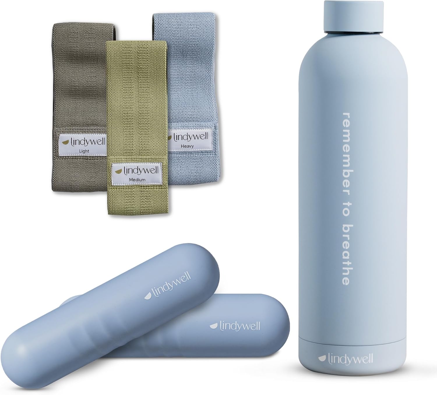 Lindywell Home Pilates Equipment -3 Colors Fabric Resistance Bands, Insulated Stainless Steel Water Bottle, 2LB Hand Weights - Complete Women & Men Exercise Workout Kit for Training & Hydration