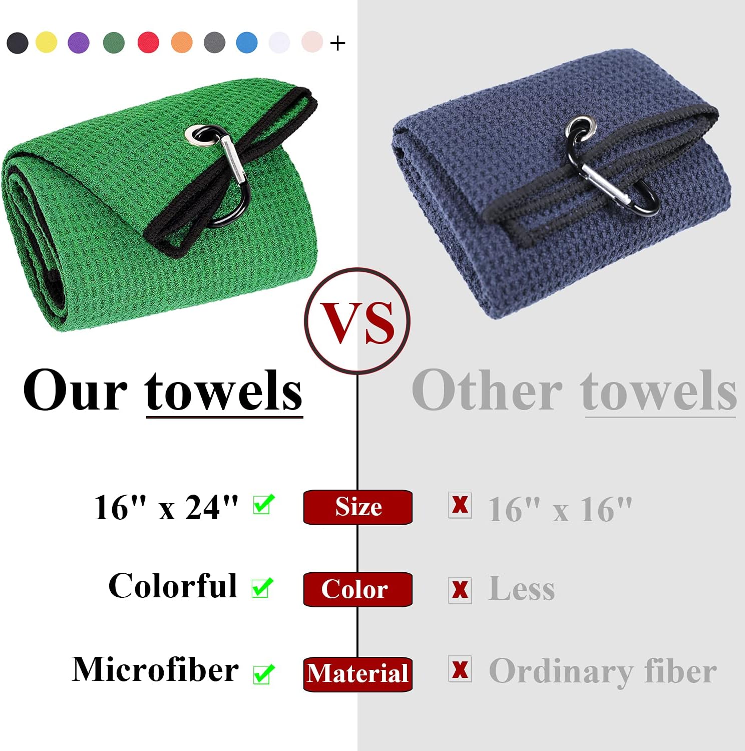 VIVIDLY 2 Pack Tri-fold Golf Towels, Premium Microfiber Fabric Waffle Pattern with Black Heavy Duty Carabiner Clip, Green Golf Towels for Golf Bags for Men (Green) - Image 5