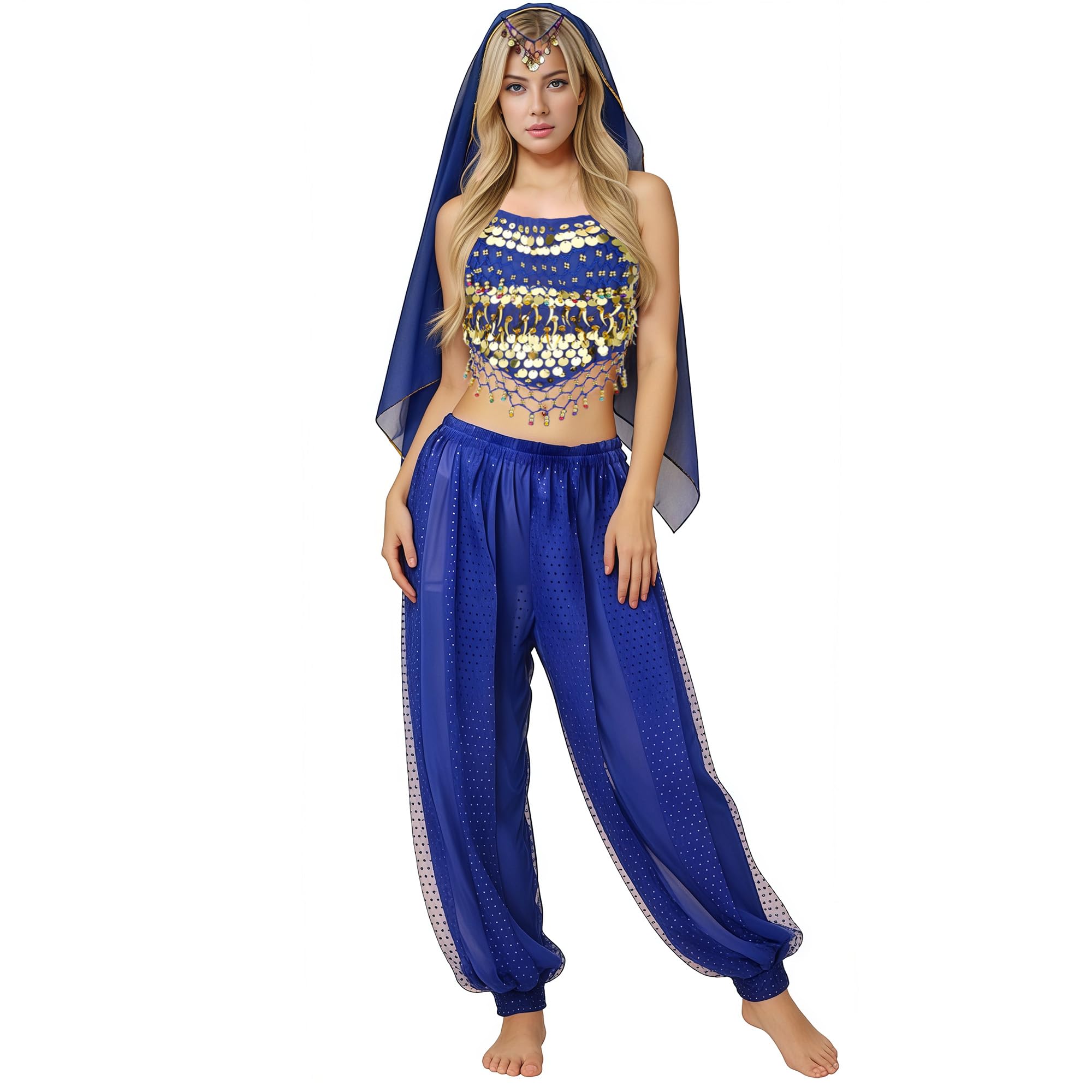 MUNAFIE Belly Dance Costume Tops Lantern Pants Suits Women Girls Bollywood Halloween Carnival Festival Outfits Navy