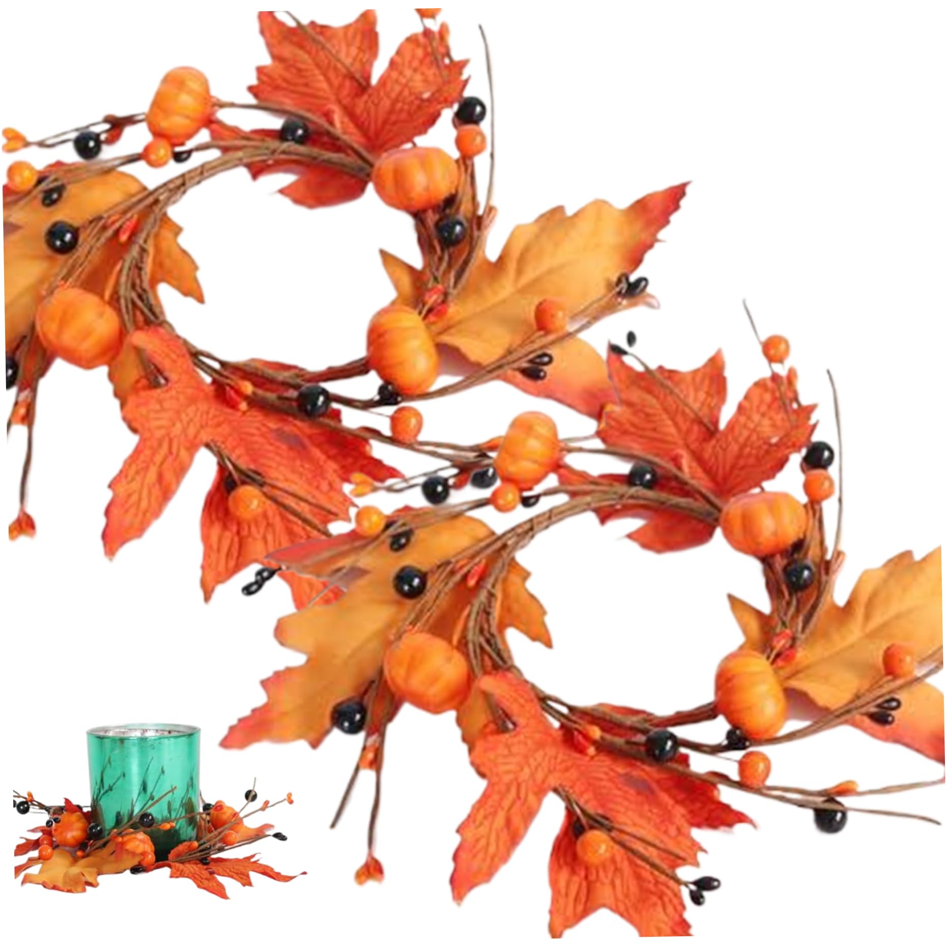 2Pcs 7.9" Fall Candle Ring Wreaths, Maple Leaf Pumpkin Berry Small Wreath Thanksgiving Decor