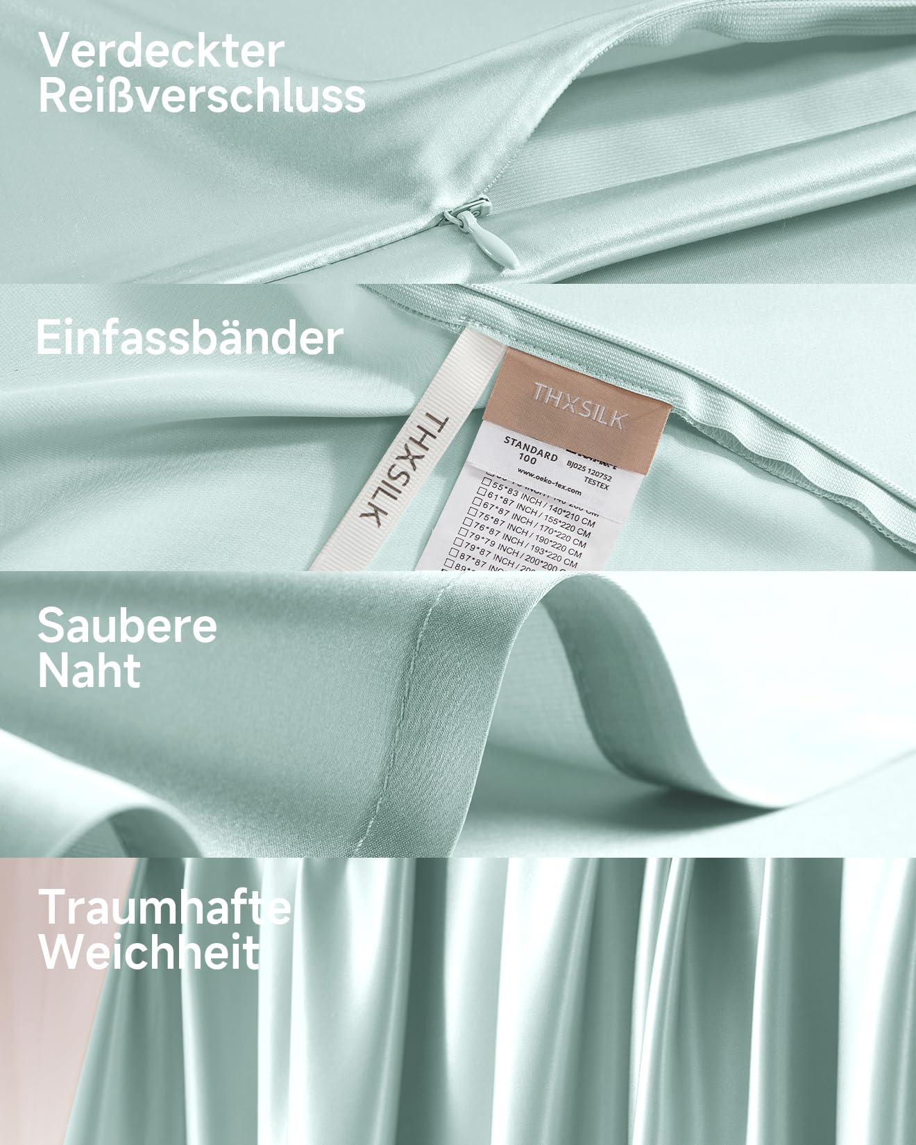 THXSILK Seidenbettwäsche Set 2 teilig，Bettbezug 135 x 200 cm und 80 x 80 cm Kissenbezug, Luxus Seide Bettwäsche Set, Super Weich und Glatt, Hellblau