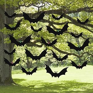 (18 Pcs) Hanging Bats Halloween Decoration Outside, Large Flying Plastic Halloween Bats Outdoor Decor, 3 Different Sizes w...