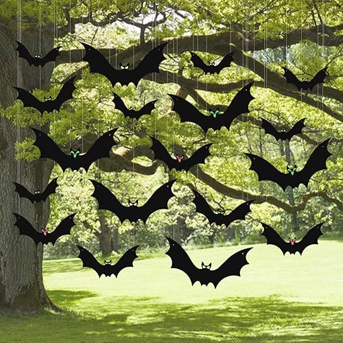(18 Pcs) Hanging Bats Halloween Decoration Outside, Large Flying Plastic