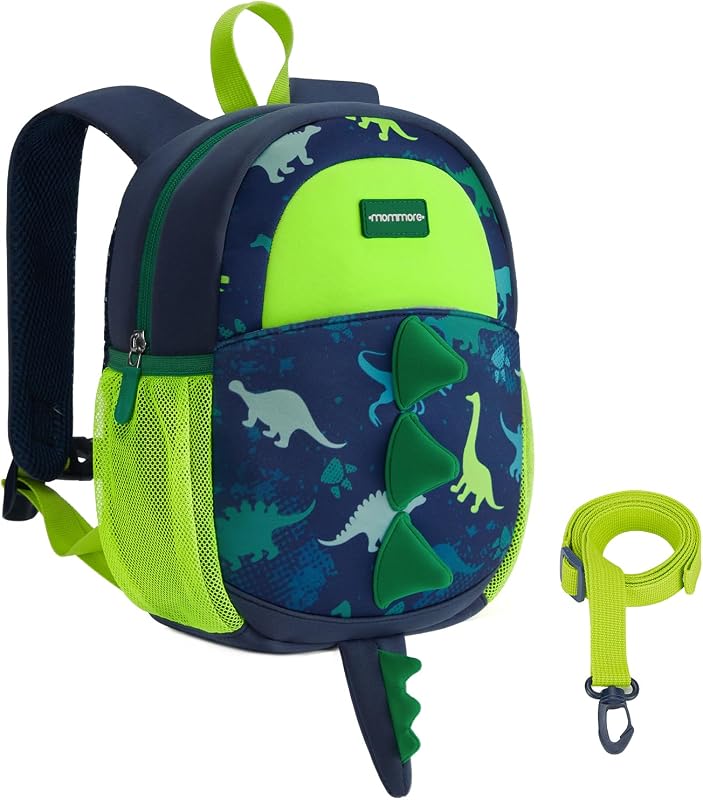 Toddler Backpack for Boys 2-4 Small Cute Dinosaur Backpack with Kids Leash, 3D Cartoon Preschool Kindergarten Bookbag for Pre-k, Green
