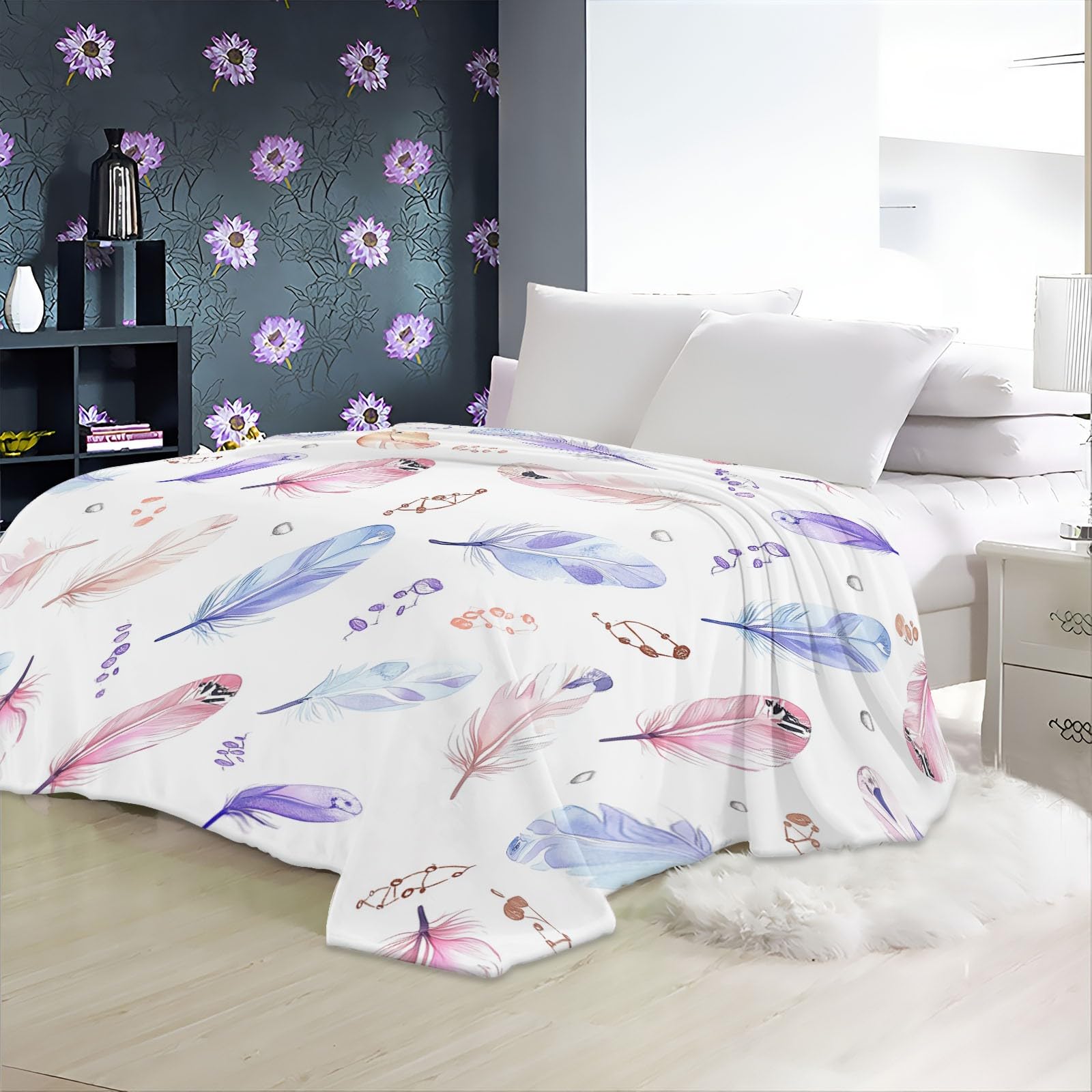 Koc polarowy czeski z akwarelowymi piórami koc flanelowy, gruby miękki ciepły ciepły koc polarowy na sofę łóżko biały koc zimowy 180 x 220 cm