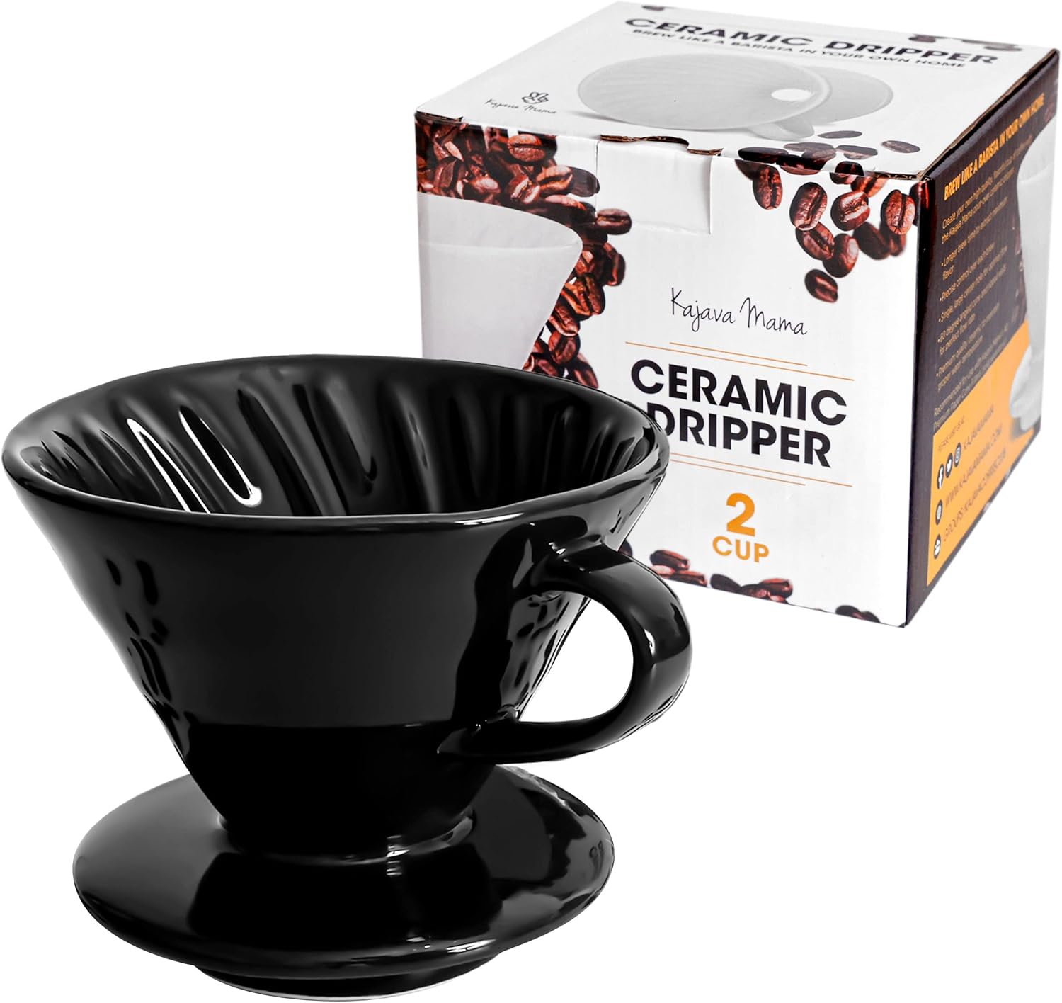 Pour Over Coffee Dripper - Ceramic Slow Brewing Accessories for Home, Cafe, Restaurants - Easy Manual Brew Maker Gift - Strong Flavor Brewer - V02 Paper Cone Filters - Black, 2 Cup 2 Cup Black