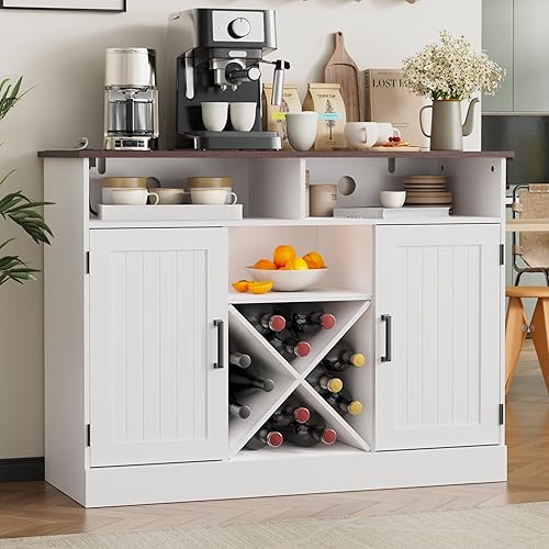 Miniatura 5 de MHOM Armario de café de granja con salidas Prower, armario rústico de licor con estante para vino, gabinete de vino de madera para comedor y sala de