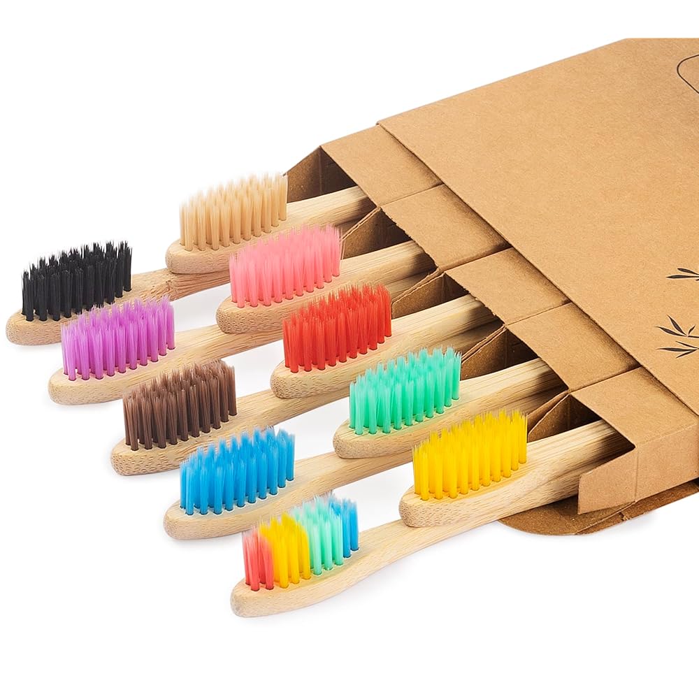 NUDUKO Biodegradable Toothbrush 10 Pack Bamboo Toothbrushes - Eco-Friendly, Natural Wooden Tooth Brush, BPA Free Organic Soft Bristle Toothbrush,Soft Toothbrushes for Adults (Multicolored Bristles)