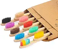 NUDUKO Biodegradable Bamboo Toothbrushes, 10 Piece BPA Free Soft Bristles Toothbrushes, Natural, Eco-Friendly, Green and Compostable (Multicolored Bristles)