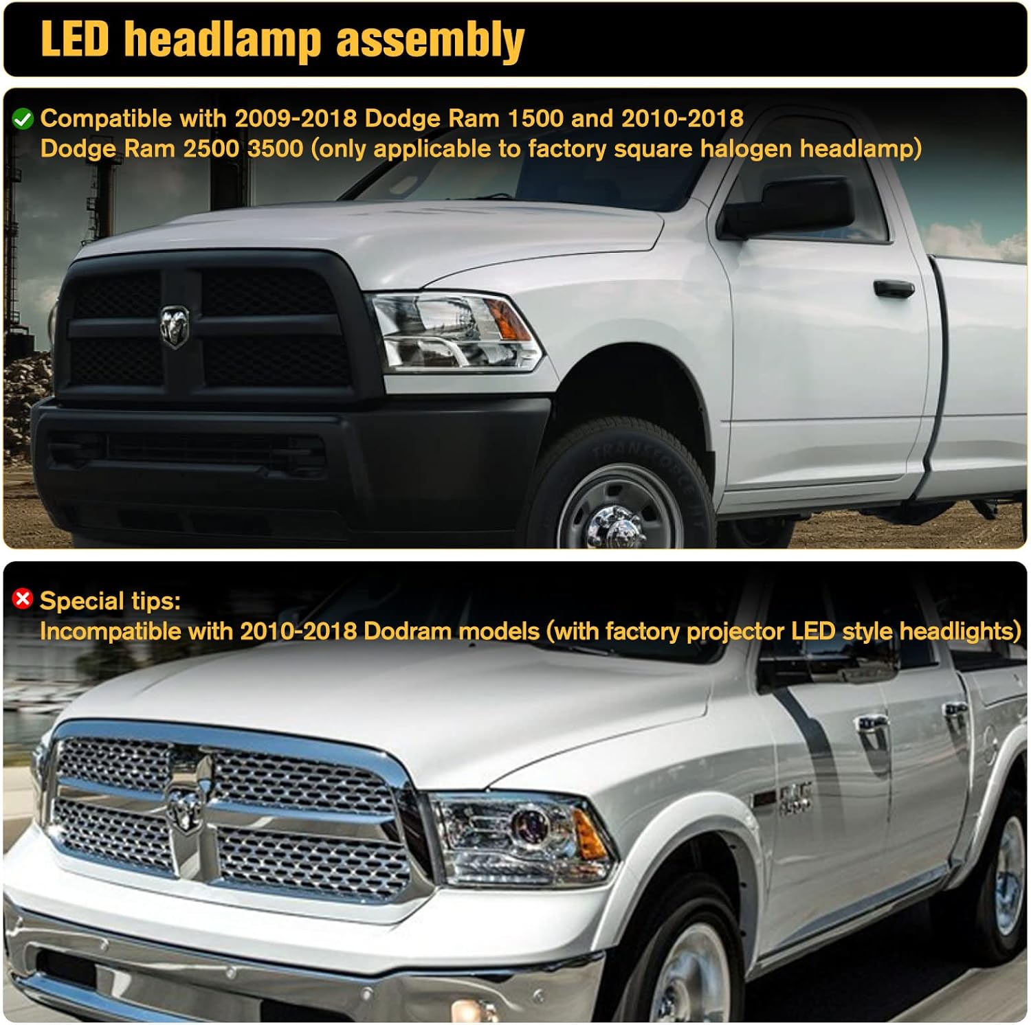 Projection LED Headlight with Turn Signal Light for Dodge Ram 1500 2009-2018 and Dodge Ram 2500/3500 2010-2018(Factory Quad Style Halogen Lights Only), Headlight Assembly 2PCS