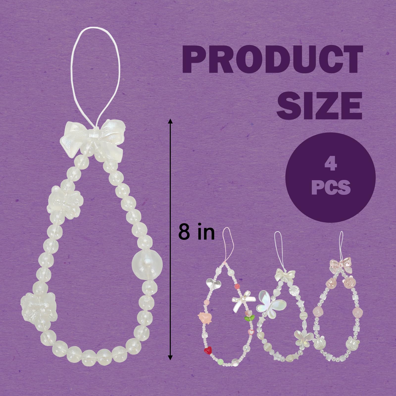 Evherv 4 Pcs Butterfly Phone Charms - Bow Knot Beaded Lanyard Wrist Chain, Love Flower Pearl Aesthetic for Girls Women (White, Pink)