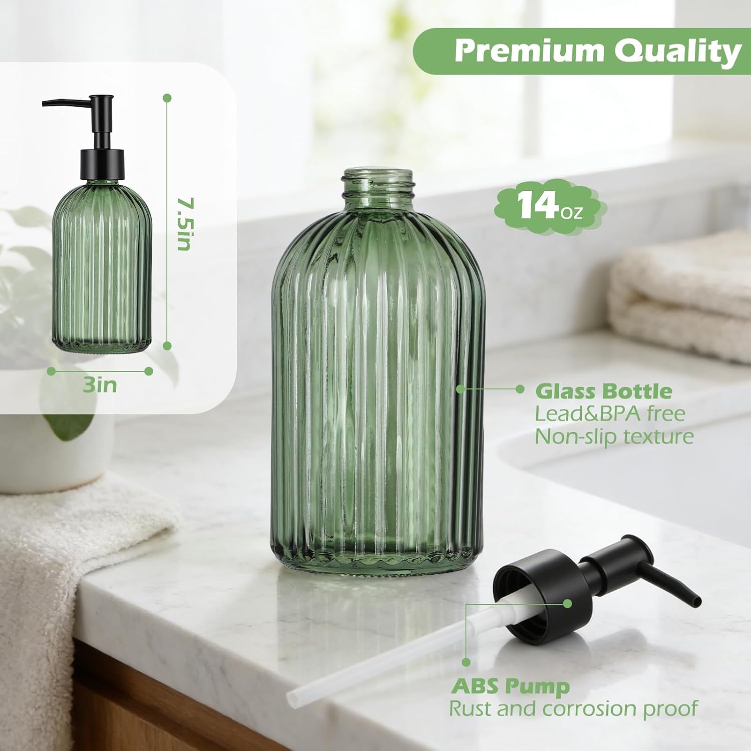 GeeRic 14 Oz Refillable Glass Soap Dispenser, Liquid Hand Soap Dispenser with Black Pump for Kitchen, Bathroom Body Wash Lotiuon Vertical Stripe Green