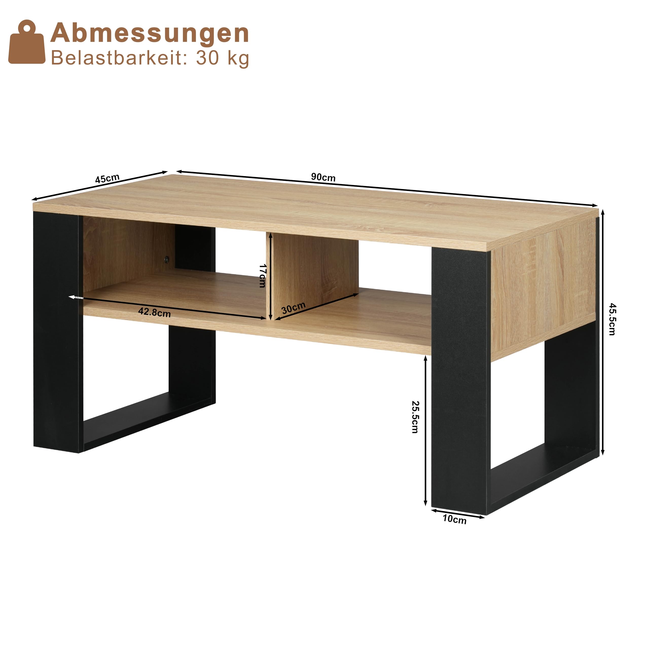 WOLTU Couchtisch mit Stauraum, Beistelltisch fürs Wohnzimmer, Wohnzimmertisch modern, rechteckiger Kaffeetisch Sofatisch, 2 offene Fächer, helle Eiche Schwarz, BTS16hei