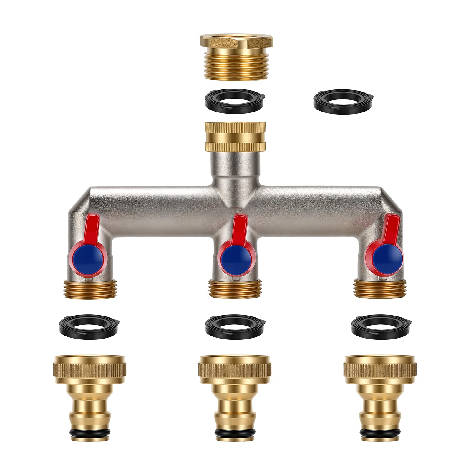3/4” BSP 3 Way Brass Tap Splitter, Hose Tap Splitter Connection with 3 Individual Valves On/Off and Three Quick Connector for Garden & Kitchen Faucet Watering System