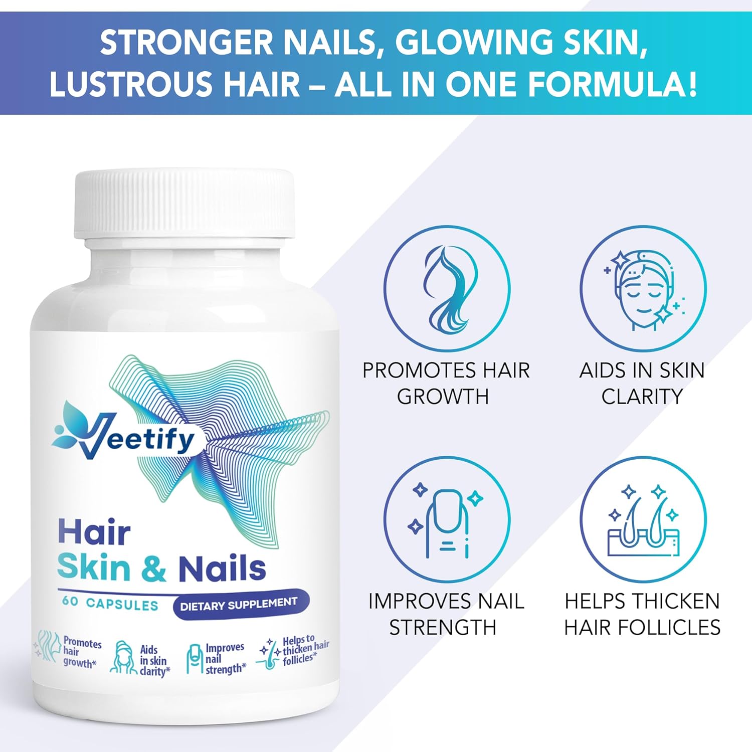 Hair, Skin and Nails Vitamins – Biotin + Fo-Ti, Bamboo & Horsetail Extracts + PABA – Herbal Beauty Complex for Hair Growth, Radiant Skin & Strong Nails – 60 Vegan Capsules - Image 2