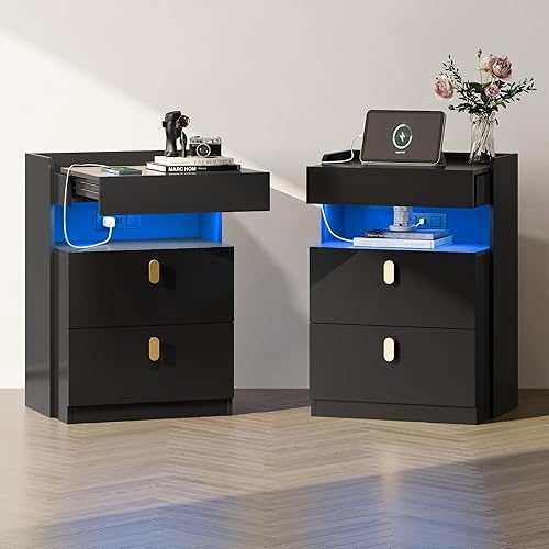 Miniatura 9 de WLIVE Mesita de noche LED con estación de carga, mesita de noche con parte superior deslizante y 2 cajones, mesas auxiliares modernas con espacio