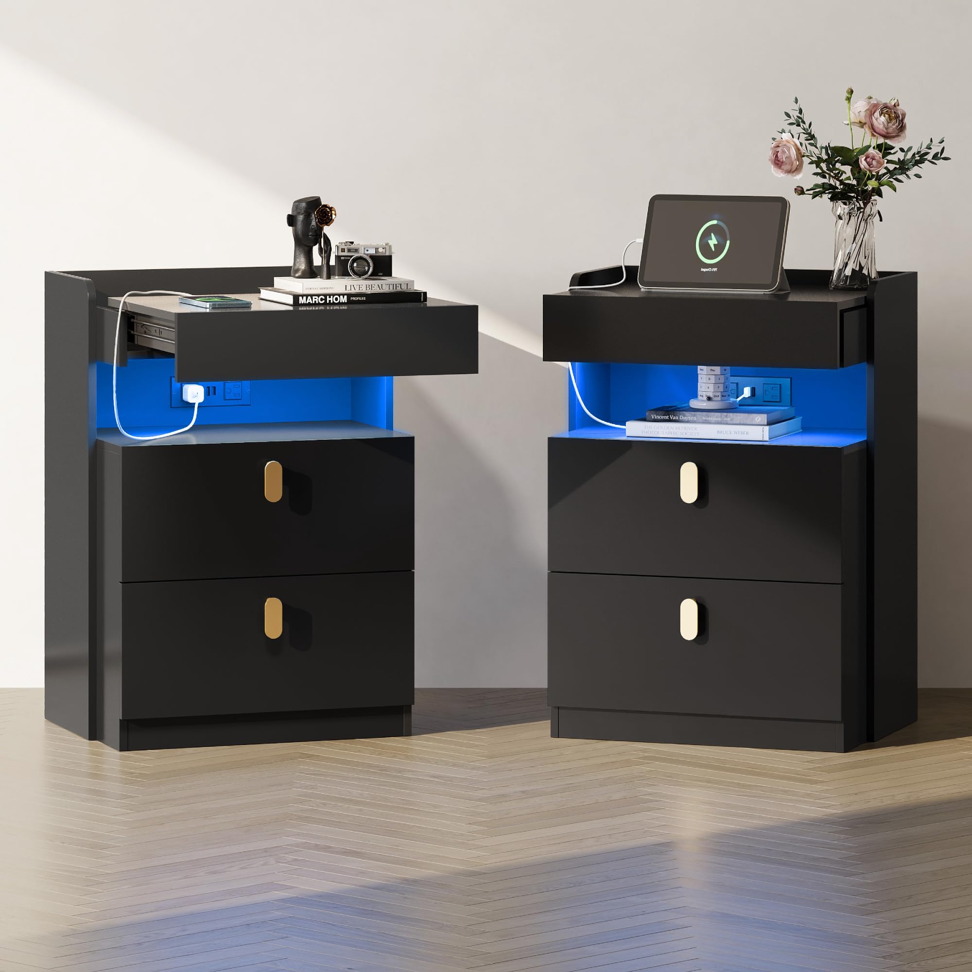 Amazon.com: WLIVE Black LED Nighstand Set of 2 with Charging