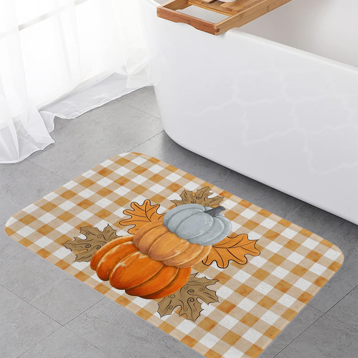 Fukeen Orange Buffalo Plaid Pumpkin Bath Mat Home Decor Autumn Maple Leaves Non Slip Harvest Thanksgiving Day Shower Rug for Bathroom, Bedroom, Living Room