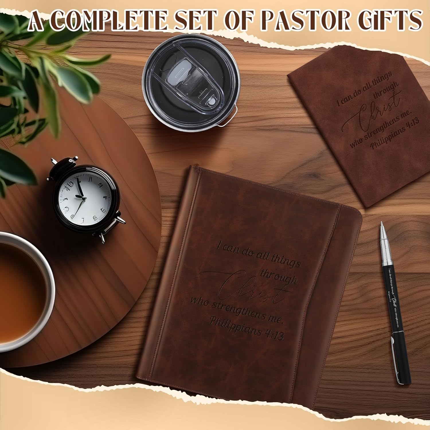 Sieral 8 Pcs Christmas Pastor Appreciation Gifts Set for Men Religious Christian Gifts Leather Portfolio Journal Bible Scripture Keychain Pen Notebook Bookmarks for Dad, Husband, Grandpa, Coworker