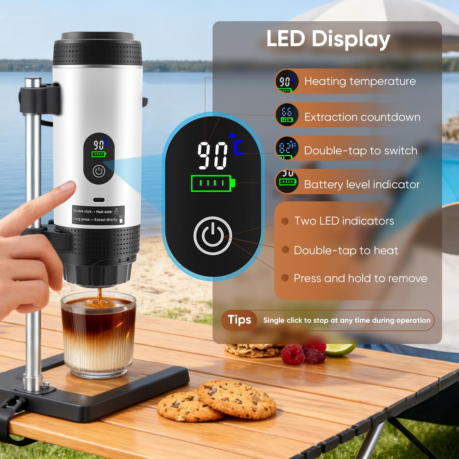 Machine à Café Portable 3 en 1 avec Batterie, Machine à Espresso USB-C pour Voiture, Compatible avec Capsules et Café Moulu, Gadget pour Camping-Car et Cadeau Camping, Blanc