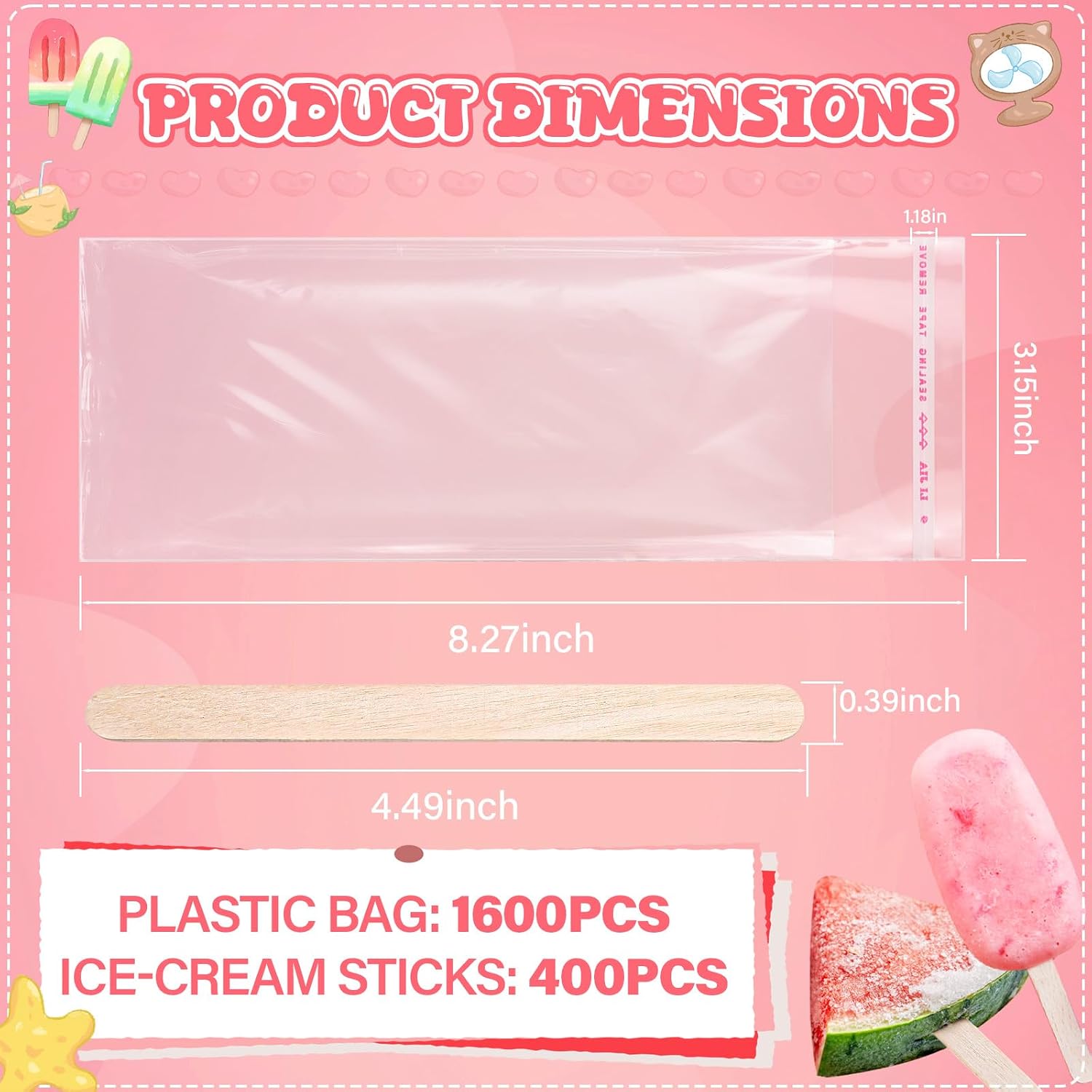 Patelai 2000 Pcs Ice Lolly Sticks and Clear Self-adhesive Plastic Bags Set