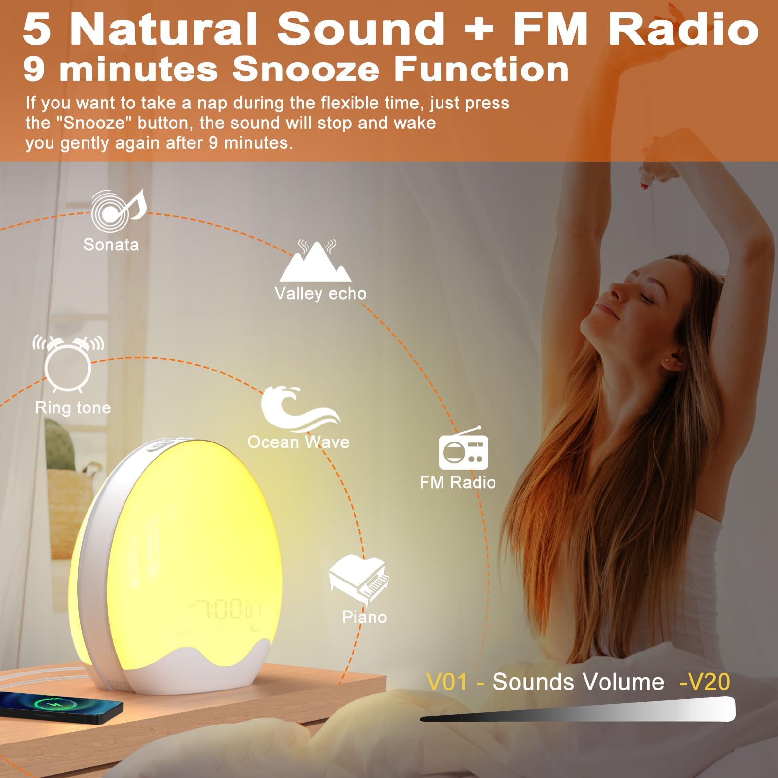 Sveglia luminosa, alba e tramonto, radio FM, 5 suoni naturali, 2 allarmi, snooze, 12 luci colorate, 20 luminosità, lampada da comodino per bambini