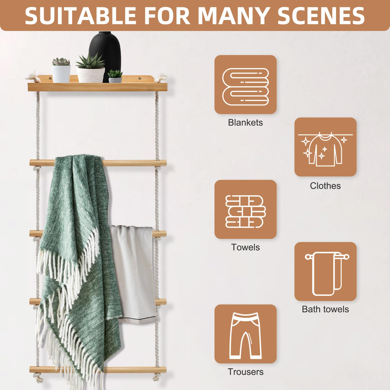 5 Strati Porta Asciugamani Legno, Porta Asciugamani Bagno da Parete, Scala Legno Decorativa per Parete Rampicante Vegetale, Piantana Asciugamani Bagno, Scaletta Porta Asciugamani per Camera