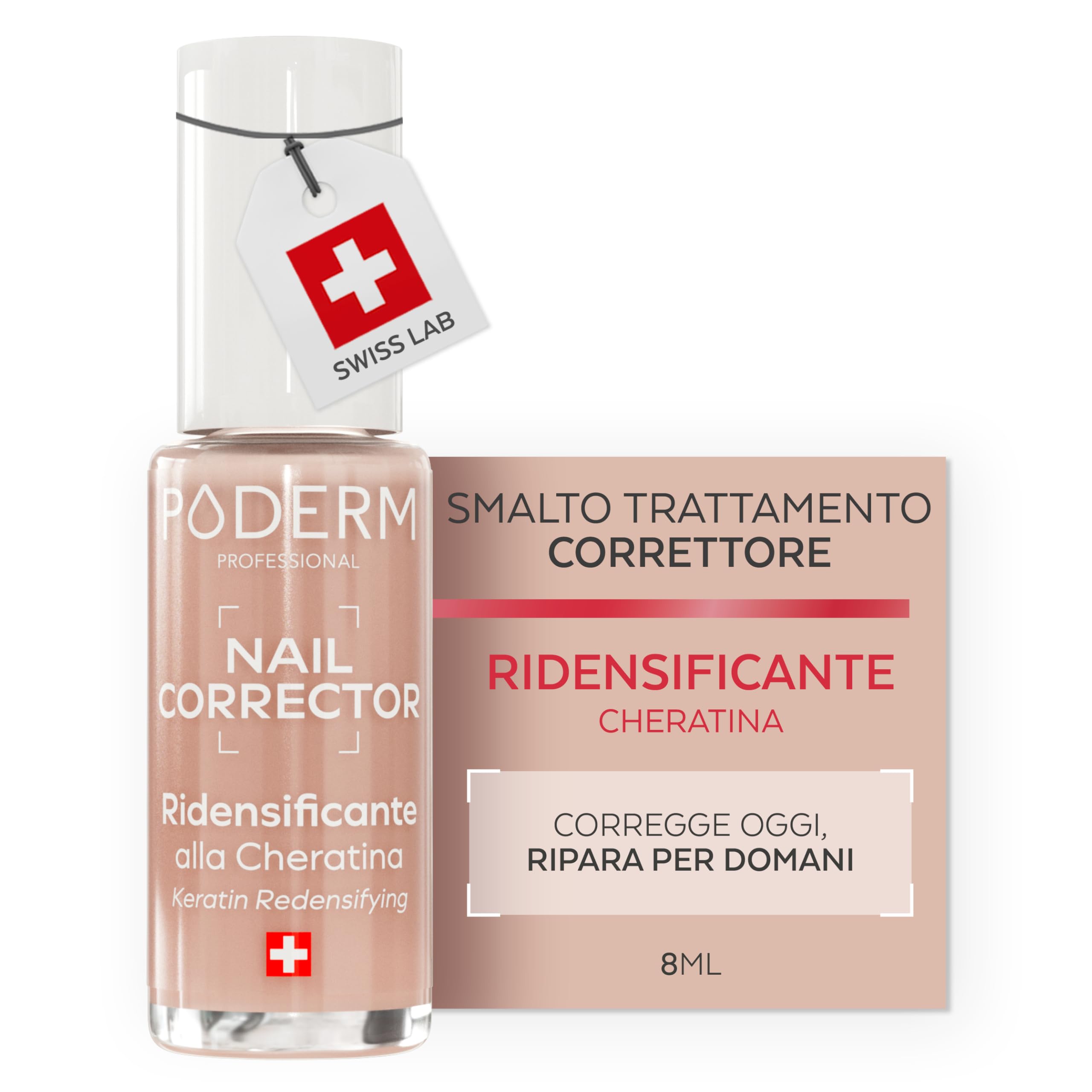 PODERM Smalto Trattamento Unghie Correttivo e Perfezionatore Cheratina | Ridensificante e Indurente 8 ml | Rinforza struttura dell’unghia con finish nude naturale | Sviluppato da Podologo in Svizzera