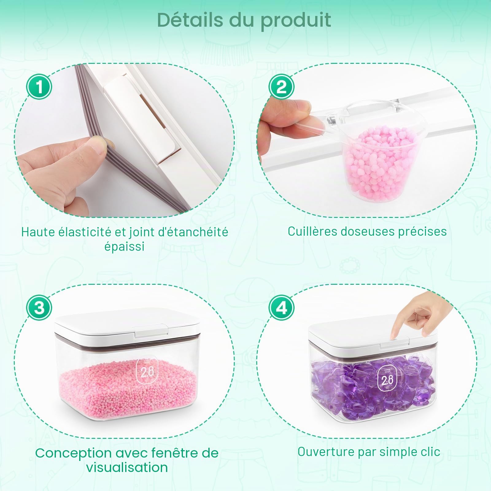 2 de stockage de lessive avec cuillères,Bac à lessive Pods 2.8L,Bac à lessive avec couvercle hermétique & fermeture à pression,Boîte à lessive multi-usages pour lessive,perles,nourriture pour chats
