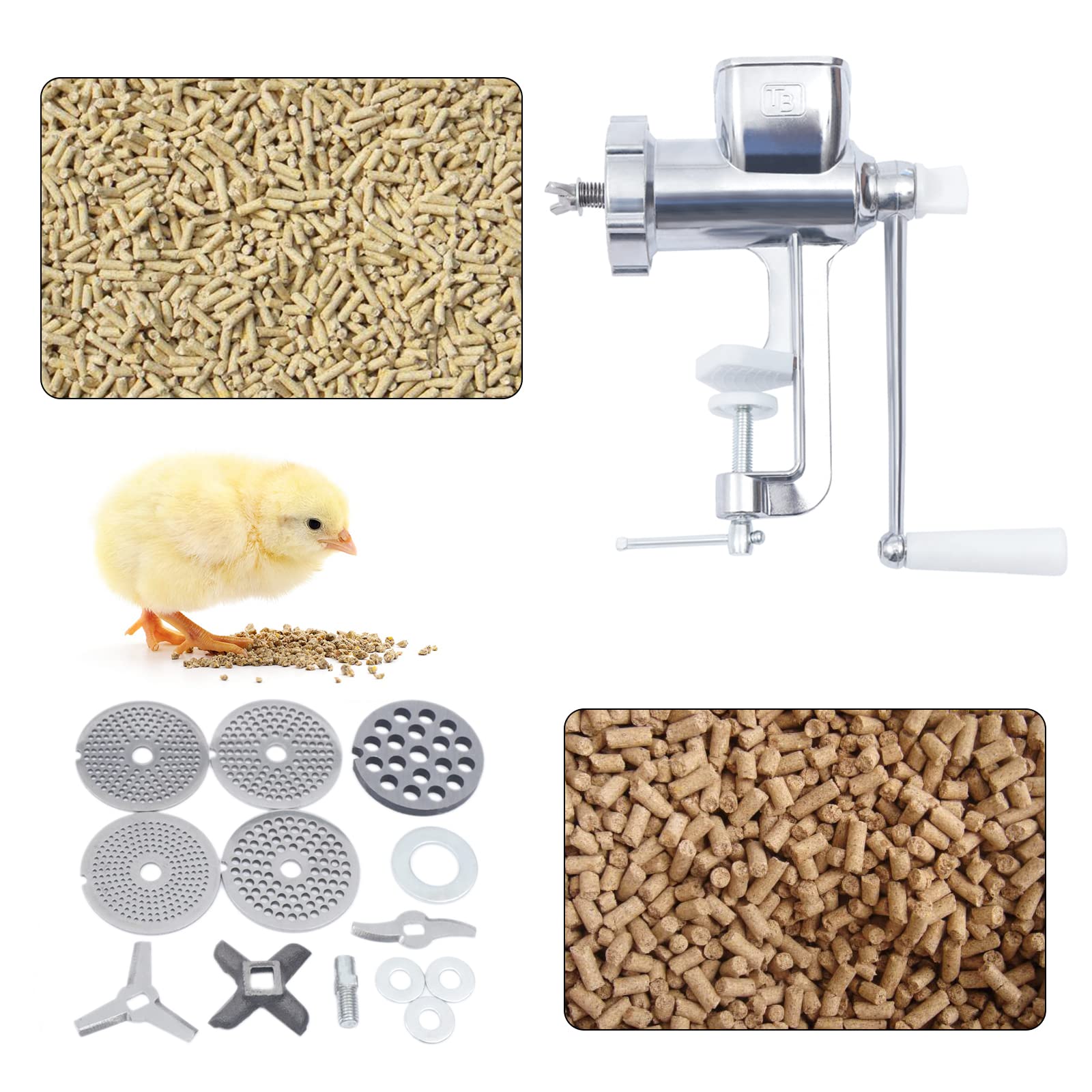Manuelle Pelletmaschine Futterpelletmaschine, Tierfutter Pellet Maschine Heimtierfutter Pelletiermaschine mit 5 Verschiedenen Pelletplatten und 4 Klingen, für Hund, Katze, Kaninchen und Geflügel
