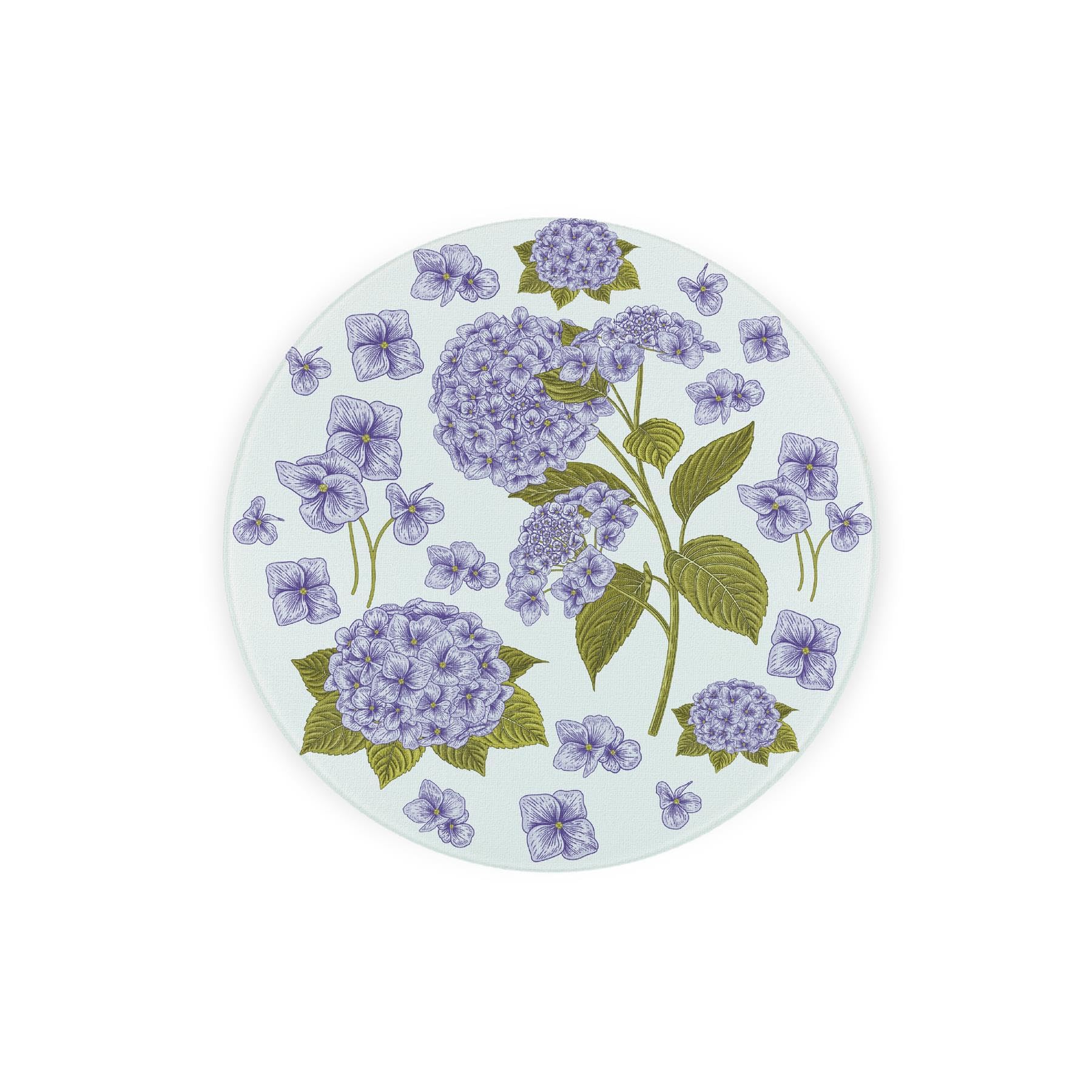 Purple Hydrangea Round Glass Trivet - Pretty Floral Décor Kitchen Gift Small Textured Chopping Board/Worktop Protector 20cm x 20cm (8" x 8")