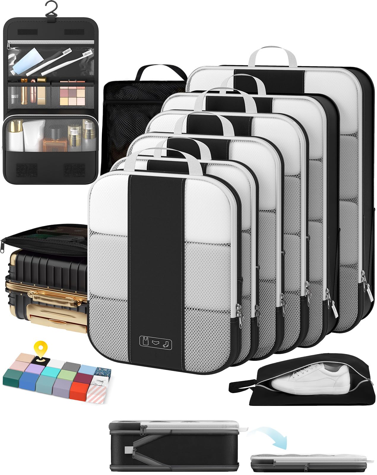 10 Set Compression Packing Cubes for Travel Essentials,Compressible Expandable Packing Cubes for Suitcase,OlarHike Luggage Organizer Bags for Travel,Handy Helper for Organizing Clothes(Black)