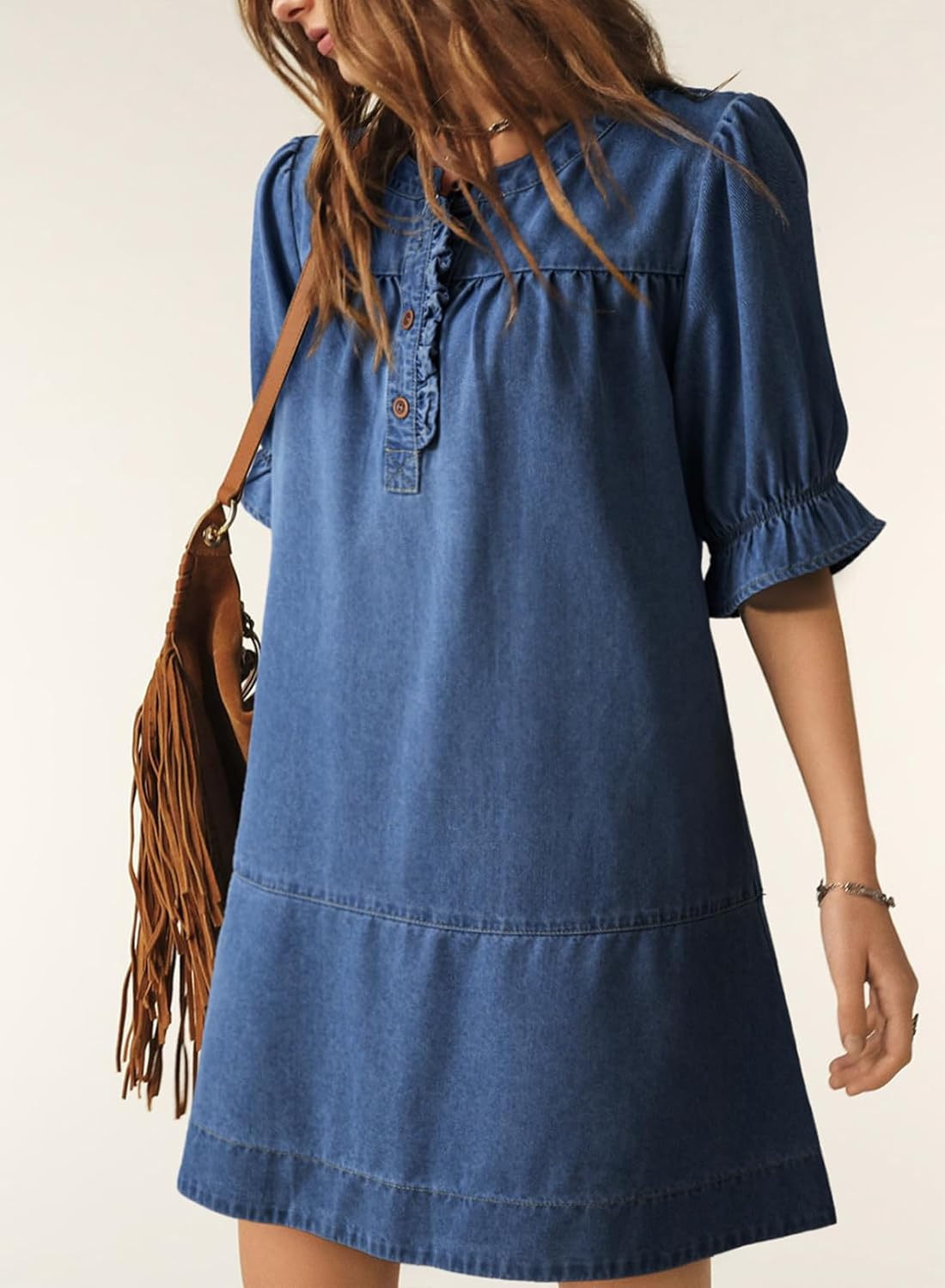 Dokotoo Women's Denim Dress 2026 Babydoll Dress Casual Ruffle Short Sleeve Button Jean Dresses - Image 2