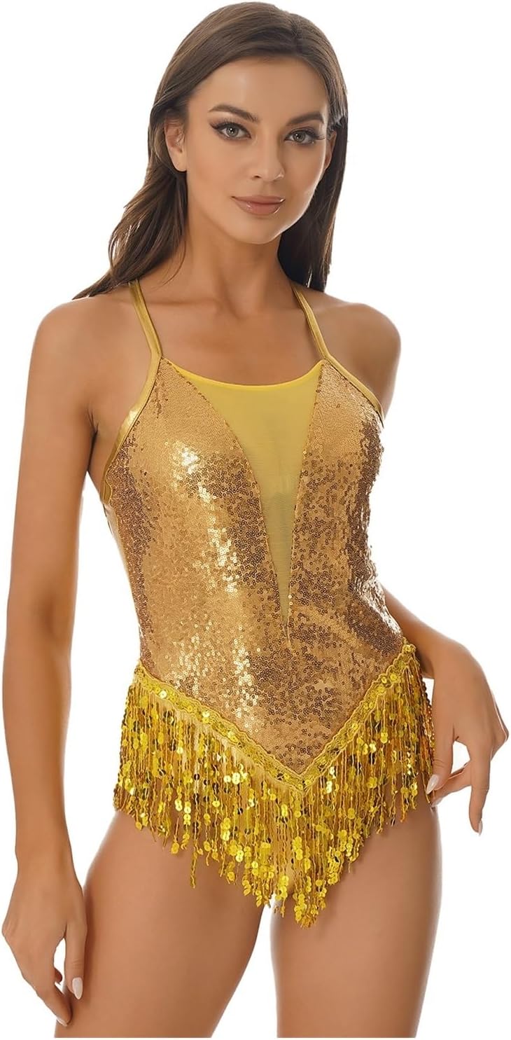 Womens Sparkling Sequins Fringed Leotard Cross Back Bodysuit Latin Dance Performance Costume