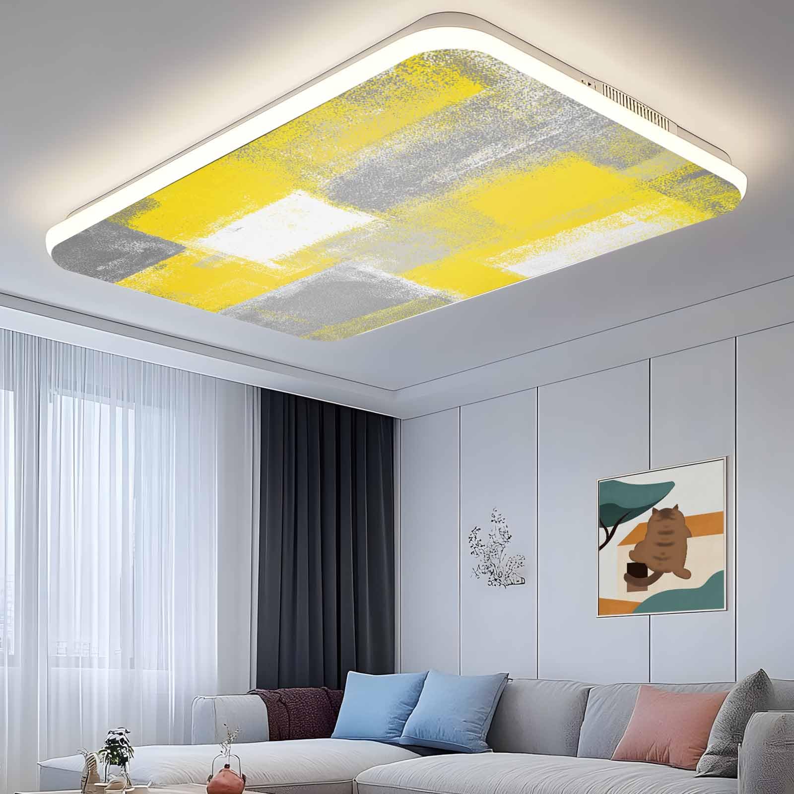 Wowouhiya 2 Pack Fluorescent Light Cover for Ceiling Lights, Yellow Grey Magnetic Classroom Light Filters 4x2 Feet, Rustic Mottled Oil Painting Abstract Texture Decorative Ceiling Shade Panel