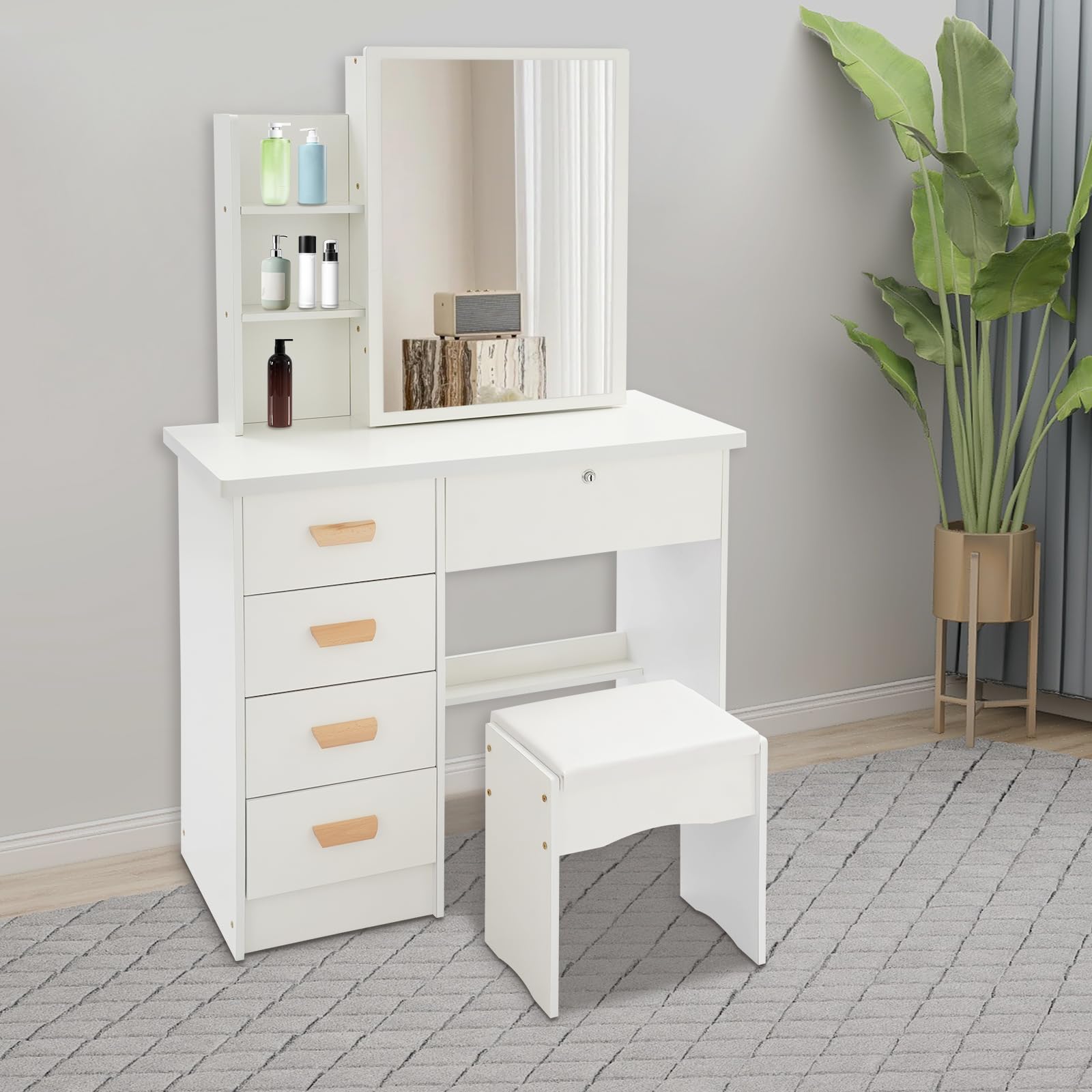 Tocador con espejo, mesa de maquillaje 5 cajones, 80 × 35 × 128 cm, con taburete, hasta 100 kg, blanco | moderno | con cerradura