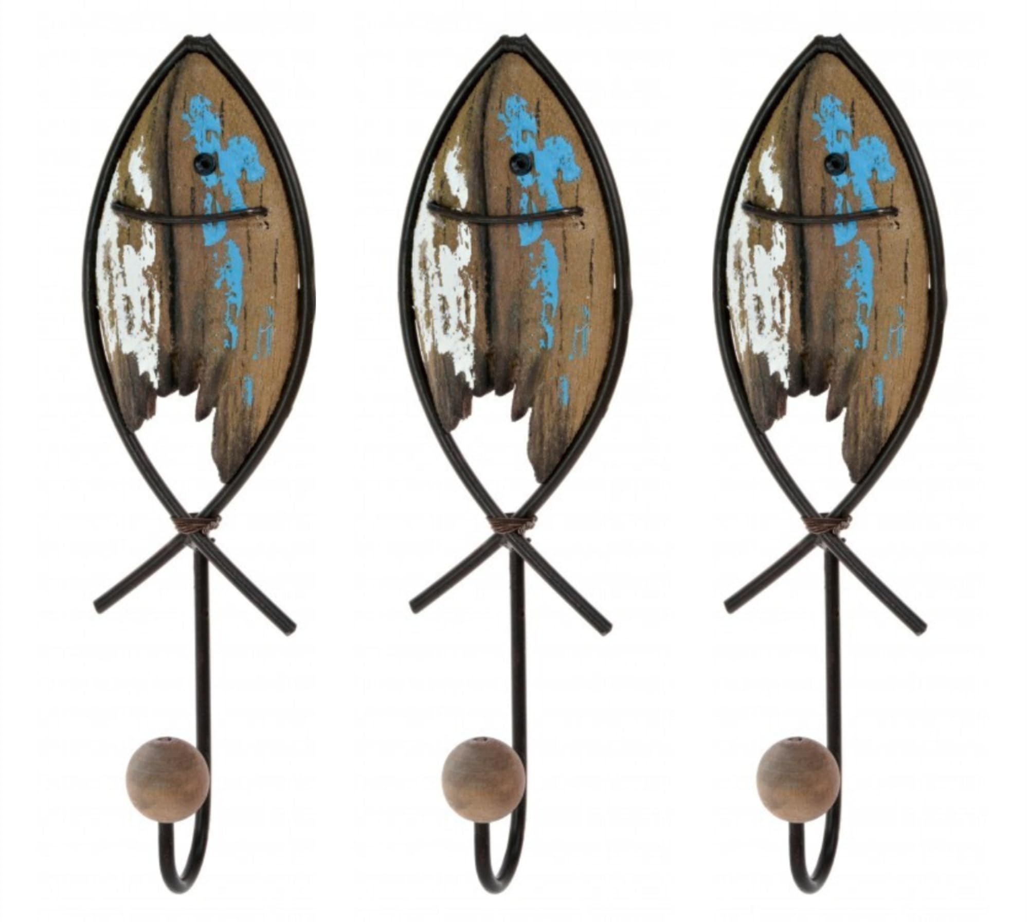 Fyne-Finds Set of 3 Metal Fish Hooks Wooden Wall Mounted Nautical Scarf Leads Coat Key Hanger Decorative