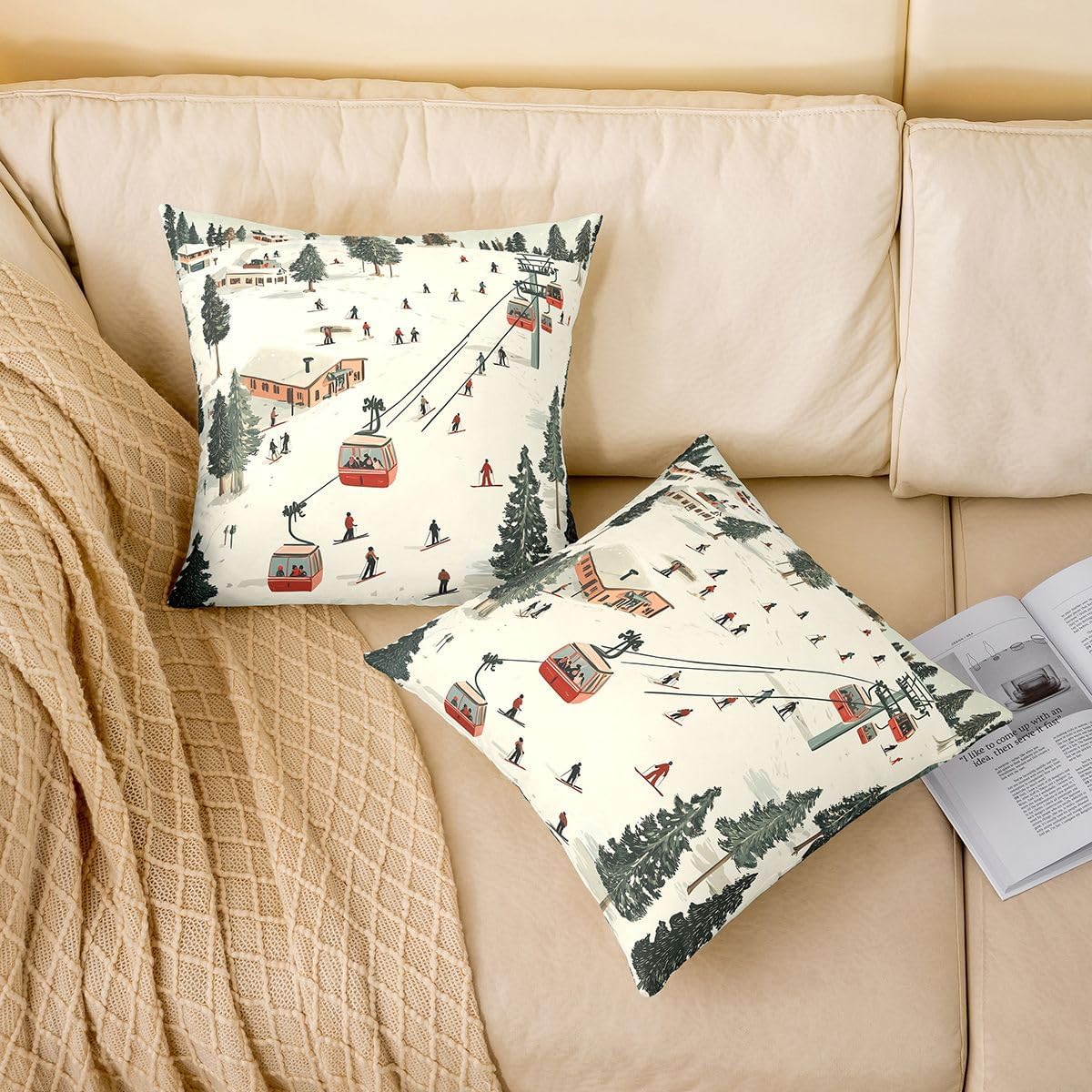 Castle Fairy Skiing Pillow Covers 18x18 Inch Set of 2 Cartoon Cable Car Green Pine Trees Cushion Cases for Kids Teens Adults Winter Sports Ski Skis Cushion Covers for Living Room Couch image 2