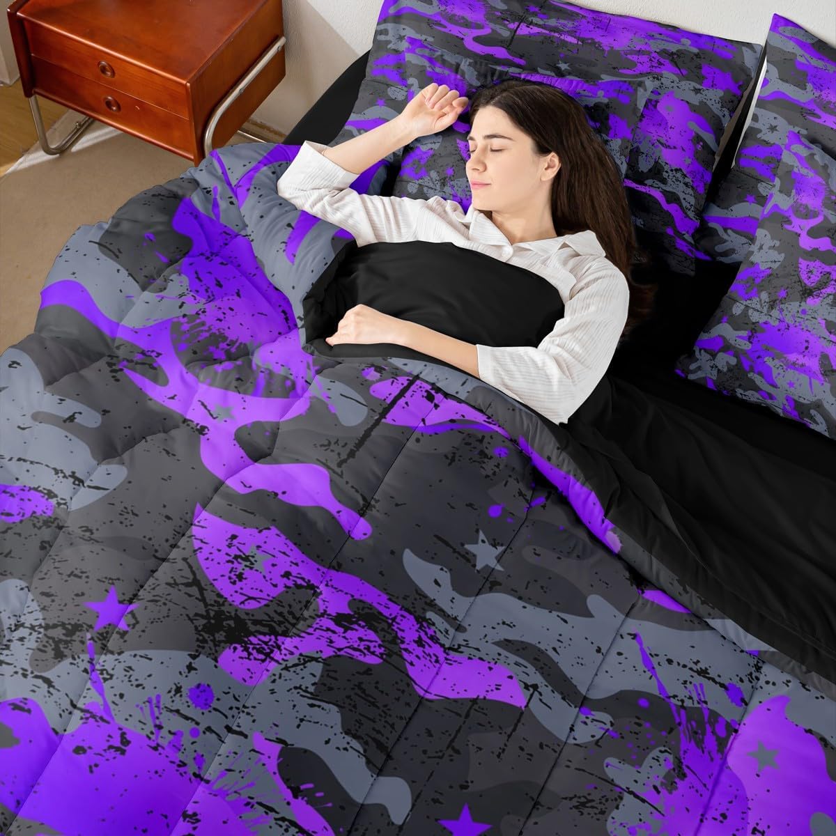 Erosebridal Ombre Camo Comforter Set Watercolor Bed in A Bag Queen Size 7 Pieces Stars Retro Camouflage Grunge Ink Splash Bed Set Grey Purple Bedding