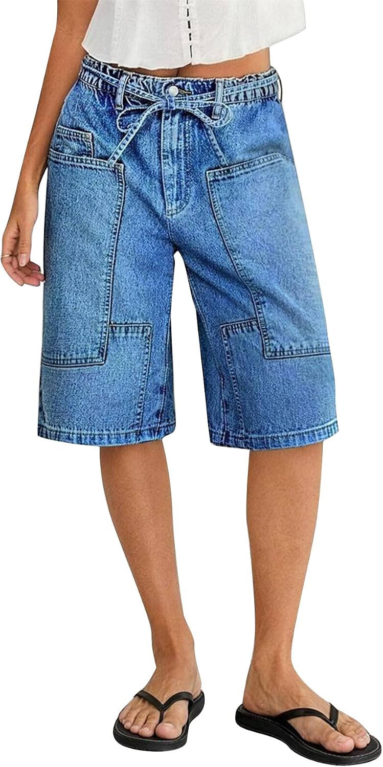 Flamingals Straight Leg Bermuda Shorts for Women High Rise Patch Pocket Belted Casual Denim Shorts
