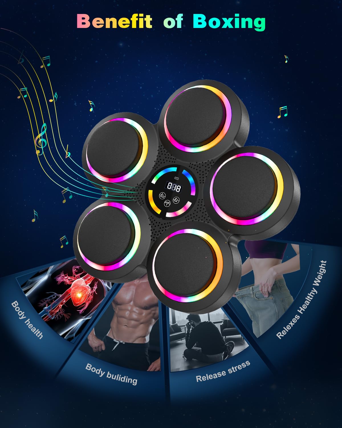 AONESY Musik-Boxmaschine für Erwachsene, 6+2 Ziele Bluetooth-Smart-Box-Trainingsgerät mit LED-Leuchten und Handschuhen, Musik-Boxmaschine mit 9 Modi und 9 Geschwindigkeiten für das Heim-Fitnessstudio