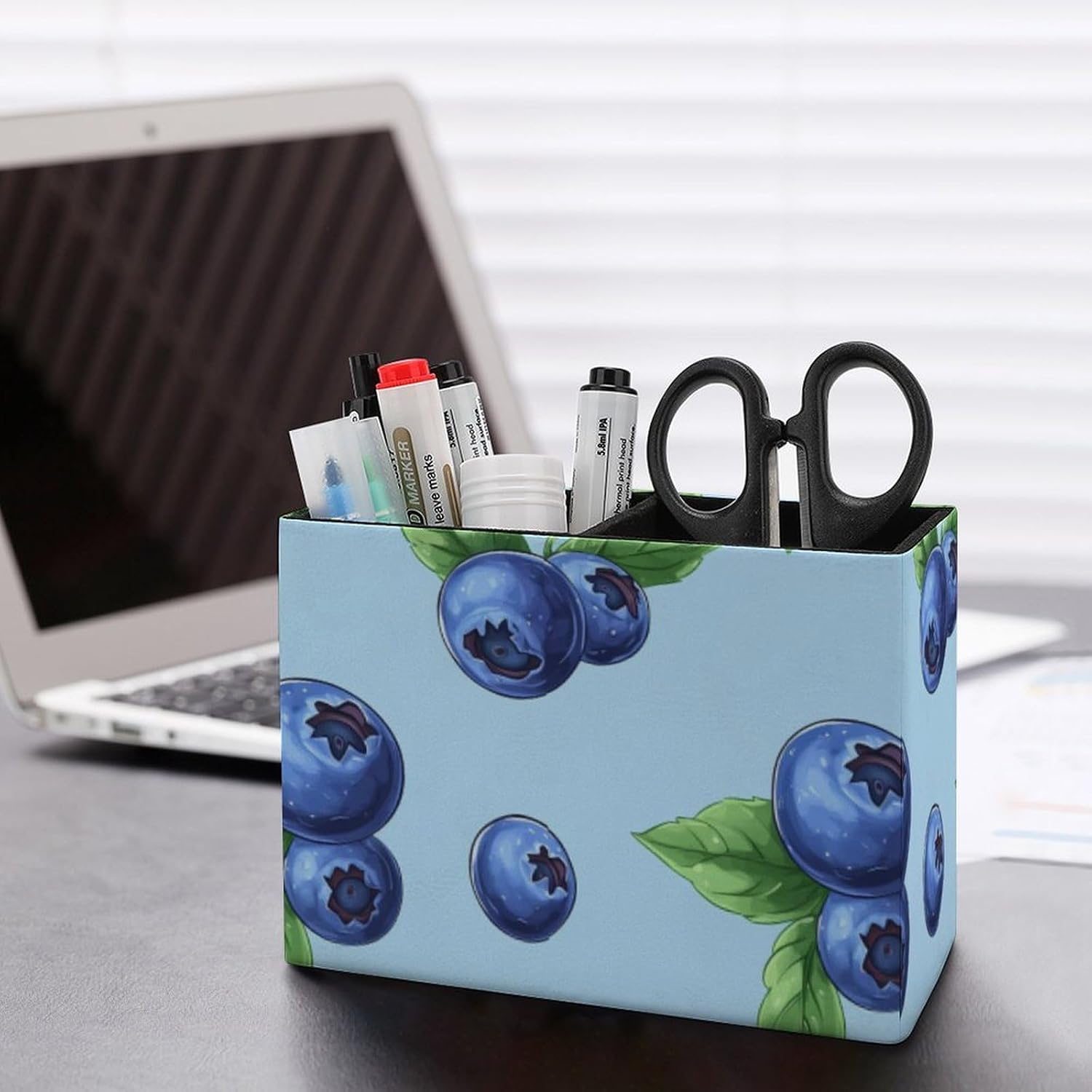 Blueberries Fruit Print Pencil Pen Holder PU Leather Desk Storage Organizer Makeup Brush Box