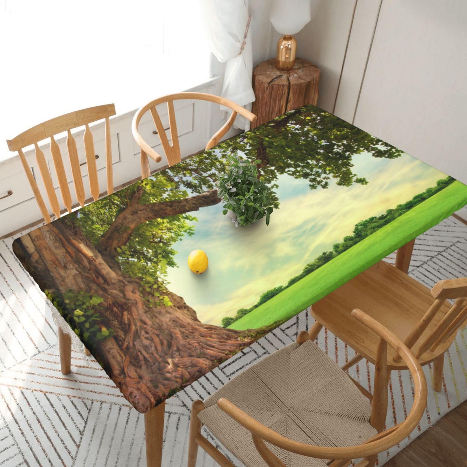 DCEHGEW Elastic Fitted Rectangle Tablecloth for 5ft Tables, Tree with Branch Scenery Printed Oilproof & Washable Fabric Picnic Table Cloth Table Covers