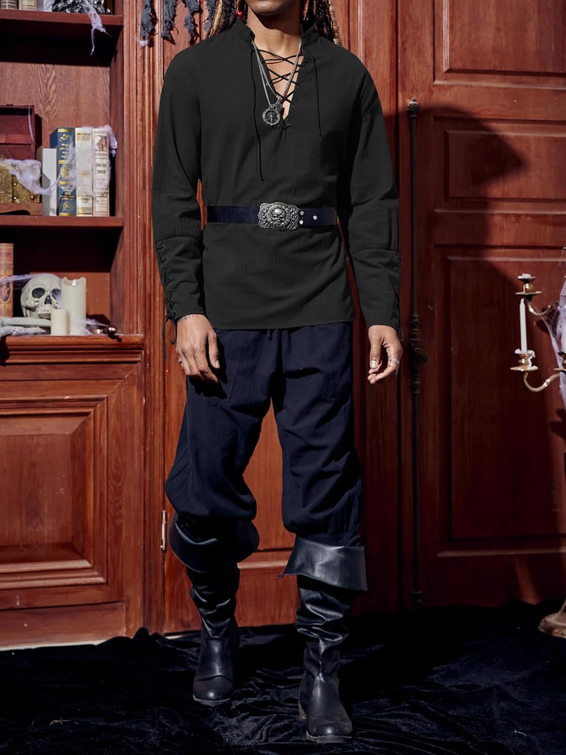 Runcati Mens Medieval Pirate Shirt Steampunk Renaissance Viking Retro Long Sleeve Lace Up Mercenary Halloween Costume Tops - Image 4