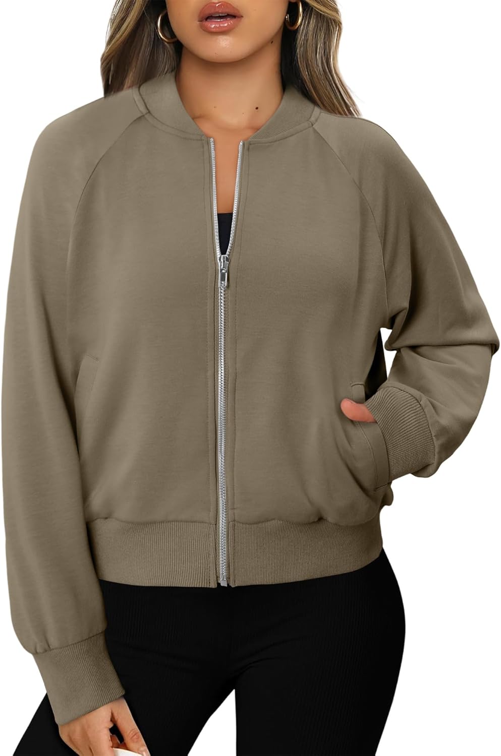 CRAZY GRID Womens Fashion Full Zip Up Jacket Comfy Long Sleeve Cropped Gym Top Solid Color Outfits with Pockets - Image 3