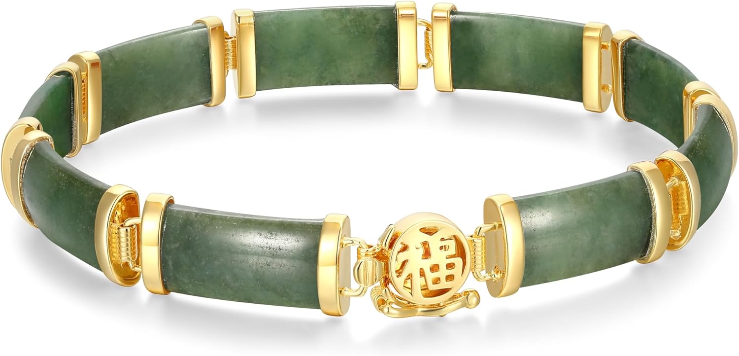 .925 Sterling Silver 18K Yellow Gold Plated Genuine Green Jade Link Bracelets for Women, Jadeite or Nephrite Hypoallergenic Chinese Motif, Elegant Silver Bracelets for Women 7.25 inch