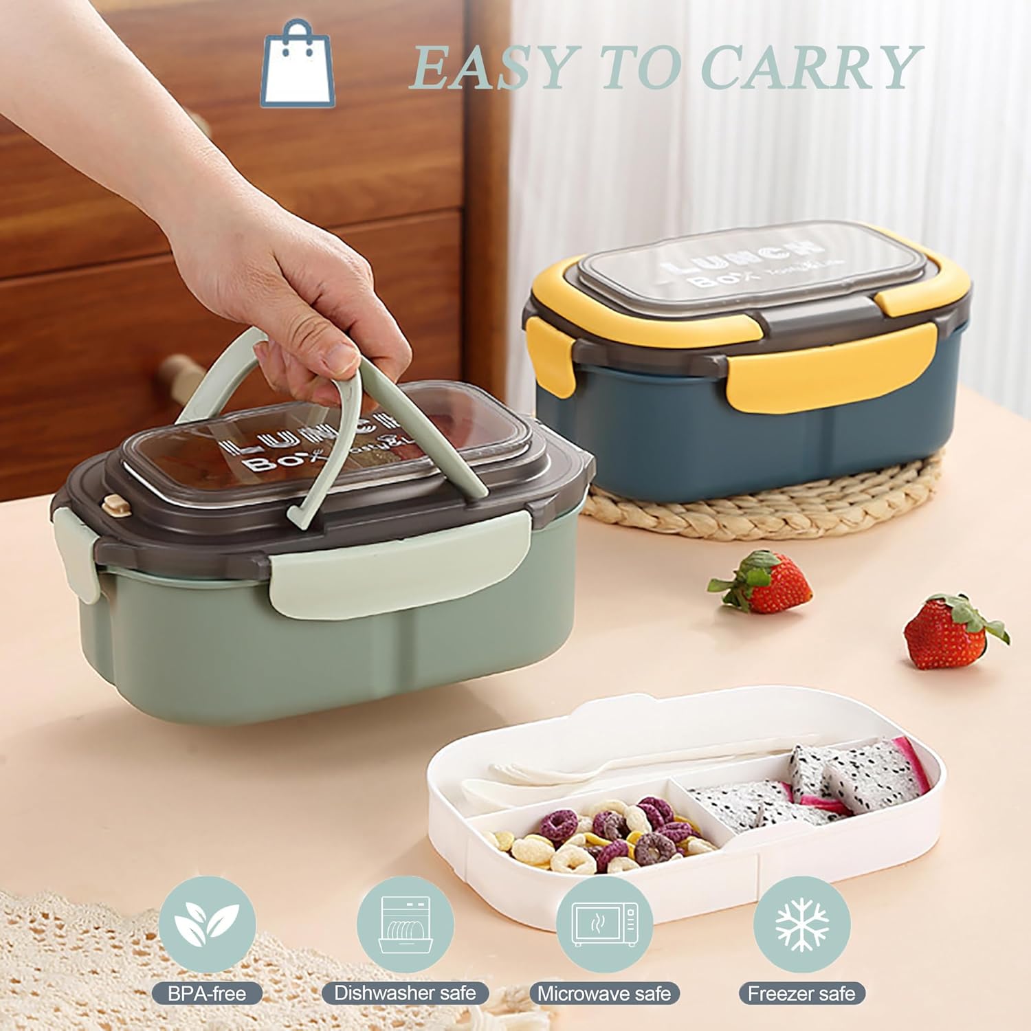 1400ML/47OZ Adult Bento Box, Leak-proof 3 Layers with Handle Portable Lunch Container, Lunch Box for Men and Women, BPA-Free, Microwave/Dishwasher/Freezer Safe, Reusable Snack Containers (Green) - Image 3