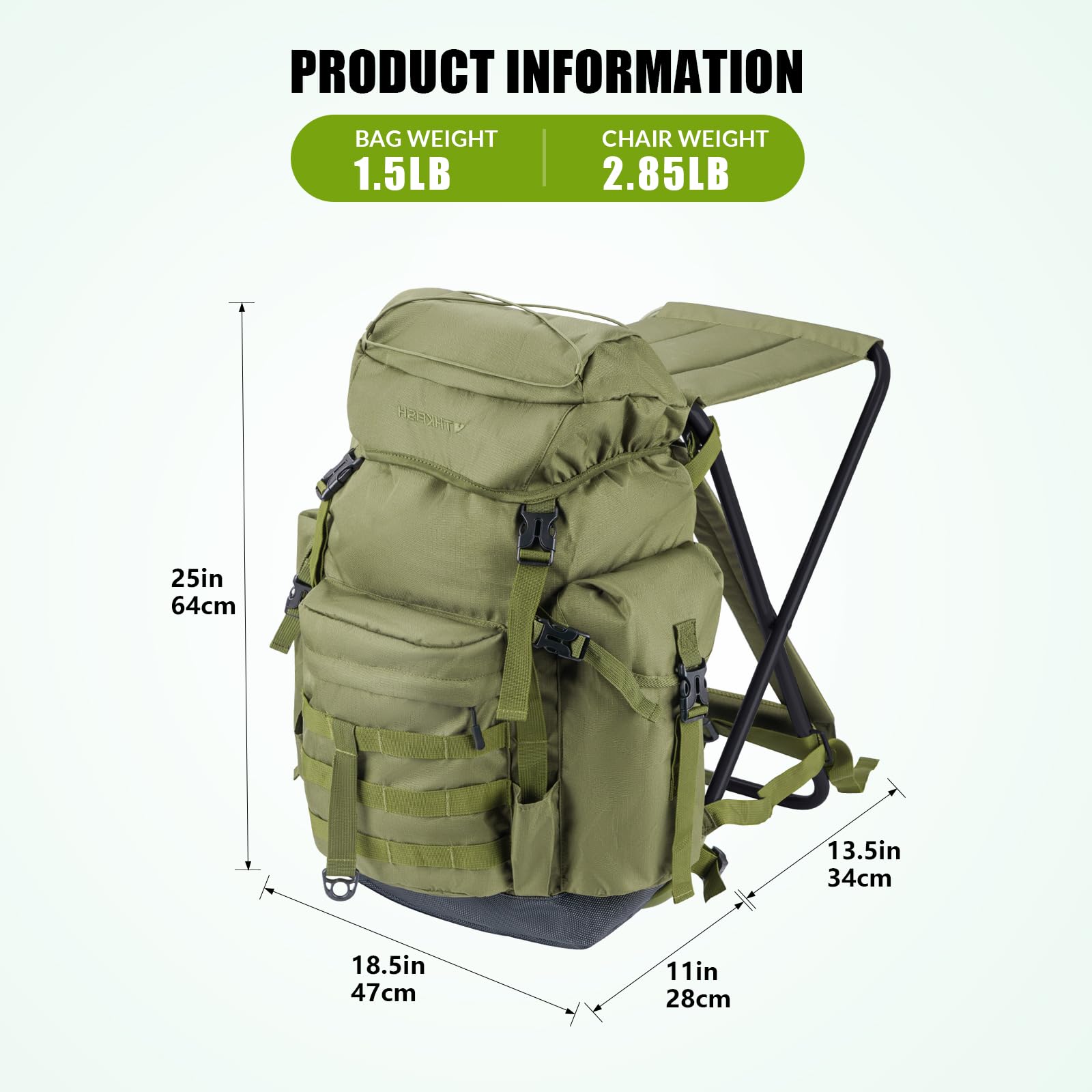 THKFISH 35l Zaino Da Pesca Idrorepellente Con Sedia, Zaino 3 In 1 Con Porta Canne, Tasca Portaoggetti, Sgabello Portatile, Per Pesca All'Aperto, Campeggio E Caccia, Verde