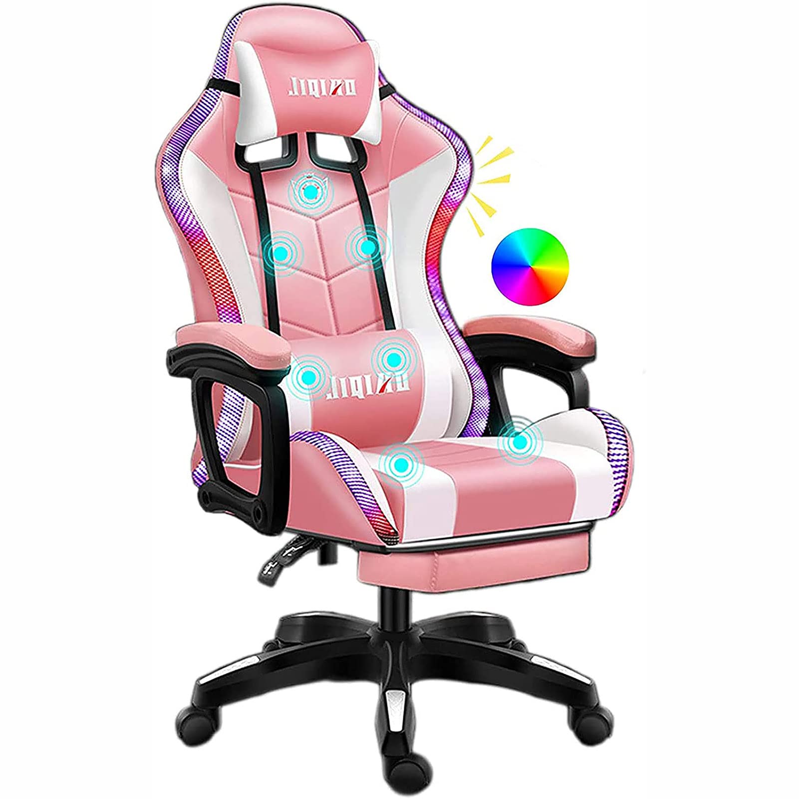 Fauteuil de jeu avec lumière LED haut-parleur Bluetooth et dossier massant complet